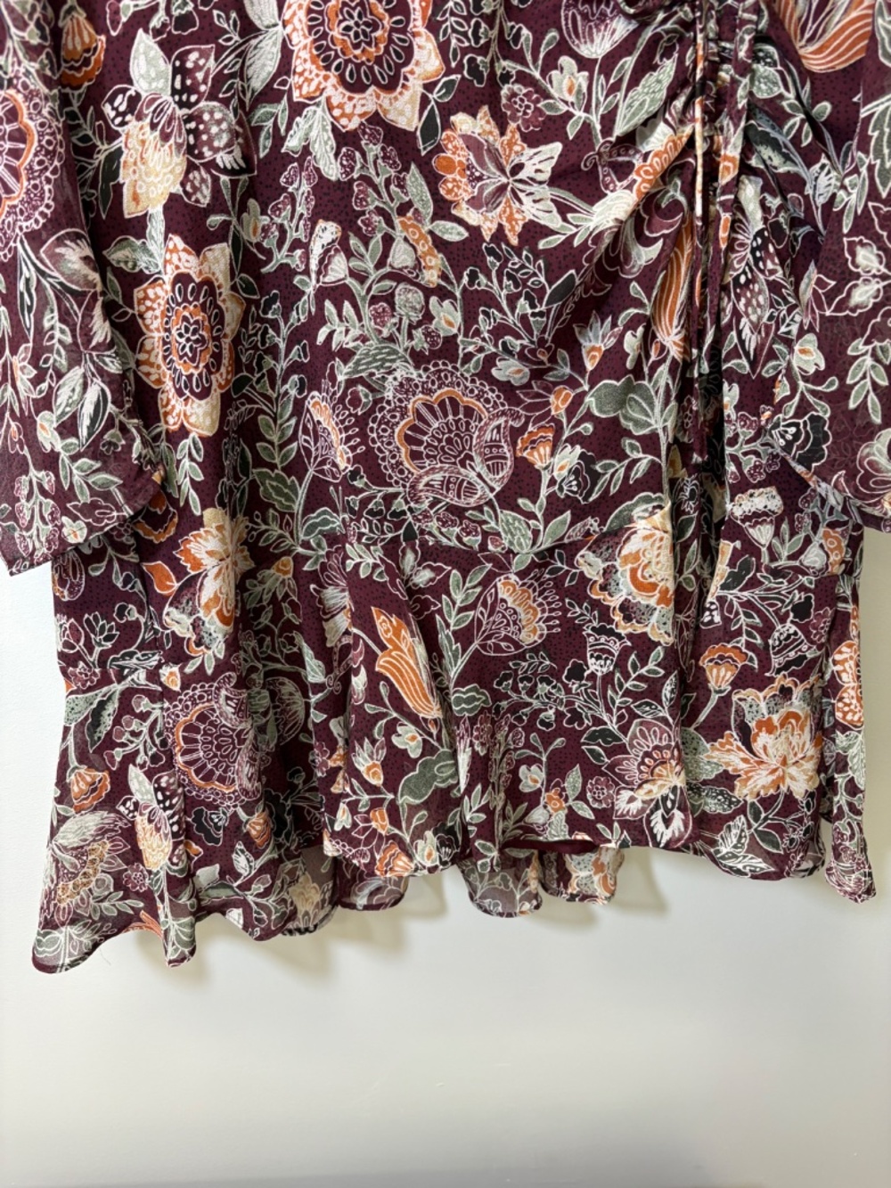 BB Dakota Burgundy Floral Romantic Wrap Flirty Mini Dress Boho Cottagecore Sz Lg - Picture 8 of 8